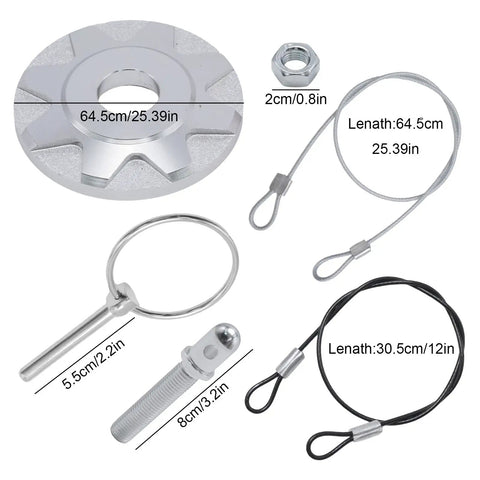Components of Beefed Up Hood Pins Kit For Cars And Off Road Rigs Universal Racing Hood Lock Pins with dimensions shown