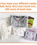 400 Count Combo Pack Self Seal Clear Poly Bags With Suffocation Warning, 6x9, 8x10, 9x12, 11x14 Inch stuffed with clothes