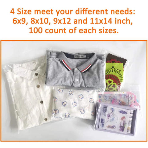400 Count Combo Pack Self Seal Clear Poly Bags With Suffocation Warning, 6x9, 8x10, 9x12, 11x14 Inch stuffed with clothes