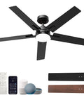 52 Inch Smart Ceiling Fan With Lights Black, Alexa And Google Home Ready, Remote Or App Control, Downrod Mount