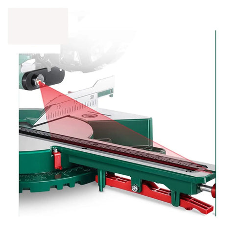 Detail of the guide laser on Slick Kickass 8 Inch Electric Miter Saw With Smooth Sliding Table for precision cutting.