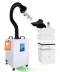 Industrial Laser Fume Extractor With H13 HEPA Filtration designed for active soldering workspaces with flexible arm and filters.