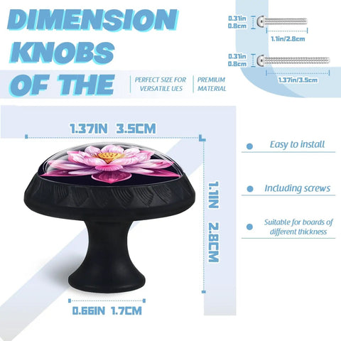 Crystal Glass Cabinet Knob With Lotus Flower Design and Mushroom Drawer Pulls, Elegant Bling Style, dimensions shown