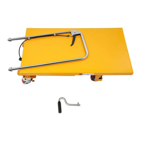 Rock Solid Double Scissor Hydraulic Lift Table Cart 770 Lbs Capacity 51 Inch Lift Height with chrome handle and yellow platform.