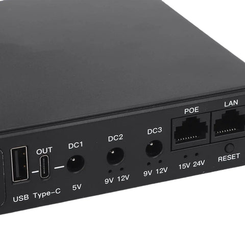 Mini Ups Battery Backup With 10400mAh Capacity For Routers Modems And Security Cameras Features PoE 15V 24V Output and USB ports.