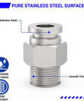 Front view of 6-pack stainless steel 304 push-to-connect pneumatic fittings; 1/4" NPT male thread and 1/4" OD tube