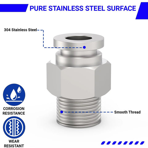 Front view of 6-pack stainless steel 304 push-to-connect pneumatic fittings; 1/4" NPT male thread and 1/4" OD tube