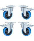 Four Inch Heavy Duty Swivel Caster Wheels With Dead Lock Brakes And Silent Non Marking Polyurethane Tires For Crushing Heavy Loads set of four, blue and black wheels.