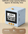 Smart AI Voice Controlled Thermal Sticker Printer with 2.4 Inch HD Display and Portable ABS Construction, blue, with battery details.