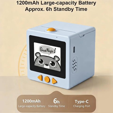 Smart AI Voice Controlled Thermal Sticker Printer with 2.4 Inch HD Display and Portable ABS Construction, blue, with battery details.