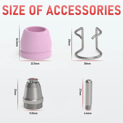 Image showing AG-60 Plasma Cutter Torch Consumables Kit parts: cup 22.5mm, bracket 30mm, nozzle 13.8mm, electrode 6.4mm, sizes marked.
