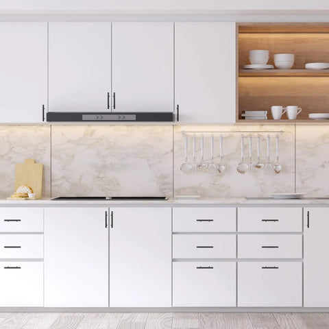 Modern kitchen with Matte Black Drawer Pulls 10 Pack With 3 Inch Center To Center Hole Spacing For Cabinets And Furniture Upgrade.
