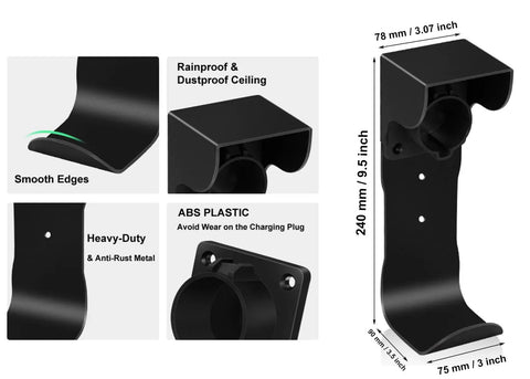 Heavy Duty EV Charger Holder Kit With J Hook Cable Organizer Wall Mount Nozzle Dock For SAE J1772 Tesla, black ABS plastic design.