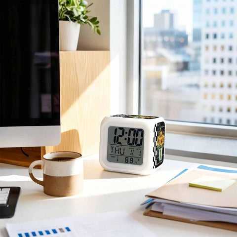 Solid Build Cube Digital Alarm Clock With Seven Color Led Night Light And Easy Peasy Snooze tracks time, date, temp on desk.