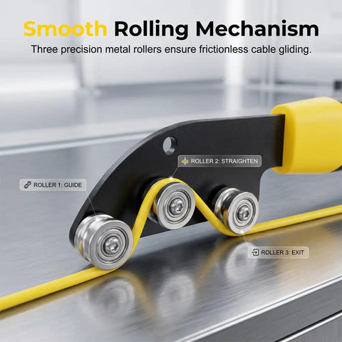 Heavy Duty Stainless Steel Cable Straightener Tool With Ergonomic Anti Slip Handle showing smooth rolling mechanism with precision rollers.