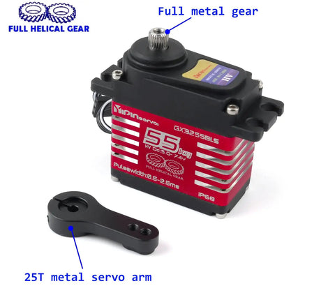 Beefy 55Kg Digital Servo With Full Metal Helical Gear Brushless Motor IP68 For RC Cars, 25T metal servo arm visible