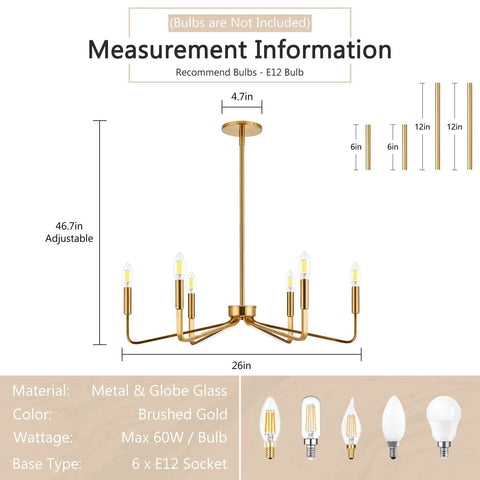 Measurement guide for Six Light Modern Brushed Brass Chandelier 26 Inch Hanging Ceiling Light Fixture For Living Room Dining Room And Kitchen Island Industrial Candle Style Dope Tubular Design