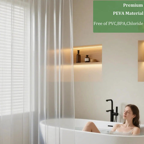 Long Shower Curtain Liner 72 By 75 Inches Clear PEVA Waterproof With Six Magnets for tall showers in a bathroom setting