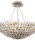 Top Shelf Eight Light Ceiling Pendant Featuring Adjustable Height And Vintage Antique Silver Finish Solid Wrought Iron Leaf Accents from above.