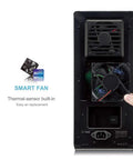 Top Shelf 8 Bay Hard Drive Enclosure Rock Solid Direct Attached Storage Box with visible smart fan and thermal sensor for cooling.