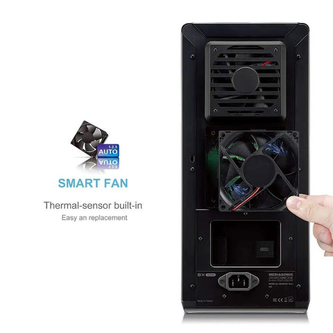 Top Shelf 8 Bay Hard Drive Enclosure Rock Solid Direct Attached Storage Box with visible smart fan and thermal sensor for cooling.
