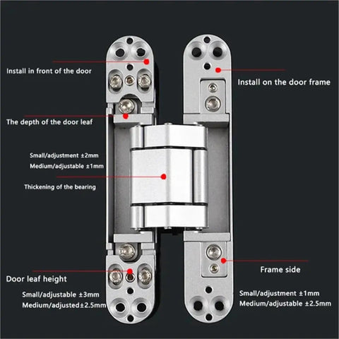 Pair Of Heavy Duty Hidden Door Hinges For Wood Cabinets Adjustable Black Folding Hardware Built Tough Eighty Kilogram Bearing Capacity With Sleek Concealed Finish with adjustment details.