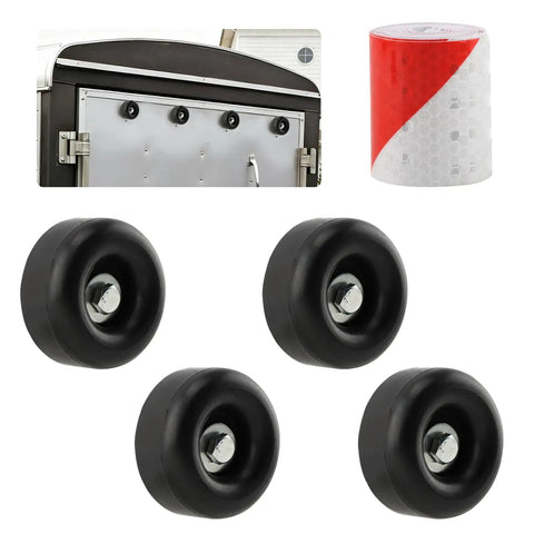 4 Pack 2.5 Inch Round Rubber Trailer Ramp Door Bumpers with screw kits and reflective strip for cargo trailers and trucks.