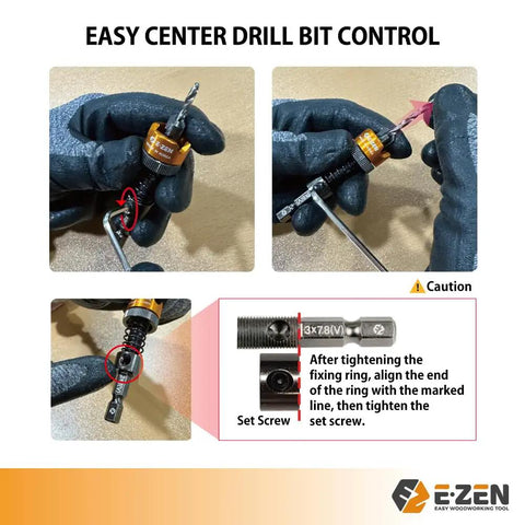 Depth Adjustable Countersink Drill Bit With Tool Free Depth Adjustment And Knurled Lock Collar Set shown in use with gloved hands.