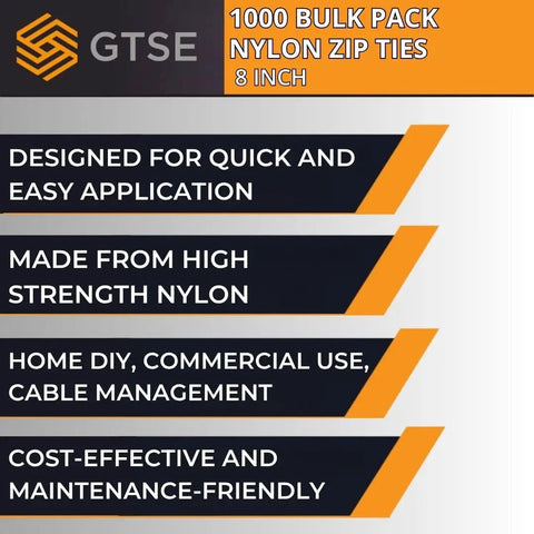 8 Inch Yellow Zip Ties 1000 Pack 50 Lb Strength Nylon Cable Ties UV Resistant Self Locking Tie Wraps infographic