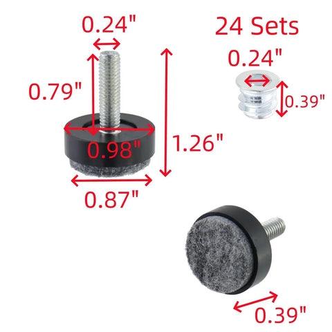 24 Pack Adjustable Furniture Leveling Feet With Felt Pads Black M6x20mm, showing dimensions and details