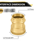 Pack Of 100 One Half Inch Copper Press To One Half Inch Female NPT Brass Adapter Fittings For Copper To NPT Pipe No Glue Solder Or Flux Needed Easy Install showing dimensions and O-ring seal.