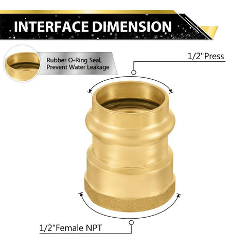 Pack Of 100 One Half Inch Copper Press To One Half Inch Female NPT Brass Adapter Fittings For Copper To NPT Pipe No Glue Solder Or Flux Needed Easy Install showing dimensions and O-ring seal.