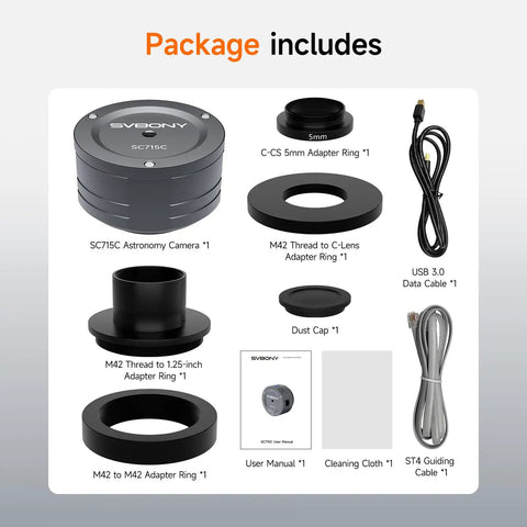 Dope Planetary Telescope Camera With 1.45μm IMX715 Sensor package includes camera, adapter rings, cables, and accessories.
