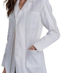 Model wearing White Unisex Lab Coat With Roomy Fit For Over Clothes Size M Comfortable Medical Coat For Clinics And Labs Classic Yet Modern Workwear Easy On And Off.