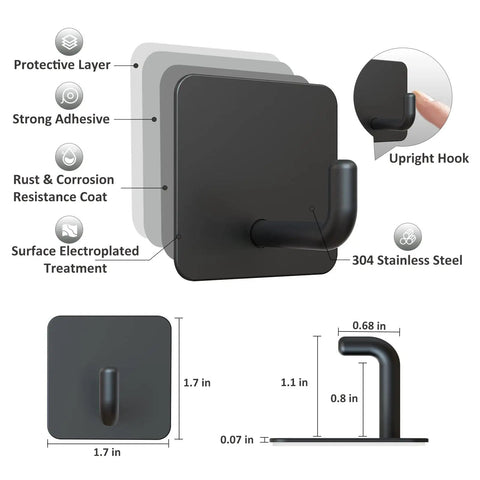 Diagram of Stainless Steel Adhesive Hooks For Shower No Drill Stick On Wall Hangers Waterproof And Rust Resistant Matte Black Finish