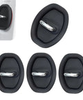 Four Piece Soft Silicone Door Latch Covers Featuring Self Adhesive Anti Rust Guards And Whisper Quiet Shutdown For Easy Car Truck Suv Fixes And Street Cred In Matte Black, showing the oval design and chrome latch.
