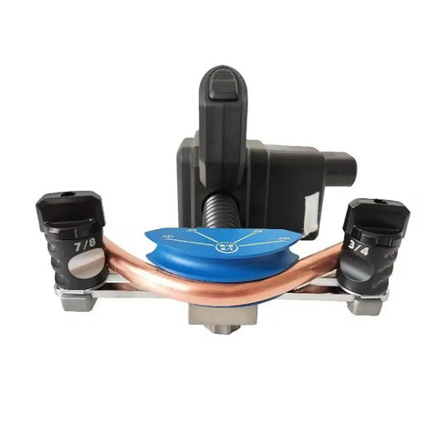 Professional Grade Lithium Electric Tube Bender For Copper Pipe 6 To 22 Mm Air Conditioning Line Set Tool front view with copper pipe.