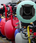 Replacement Manifold Plastic Air Compressor Regulator Knob Fits Sanborn Craftsman Coleman Power Mate Industrial Air And More One And A Quarter Inch Female Thread For Easy Install Part 1370001 with air compressors in background.