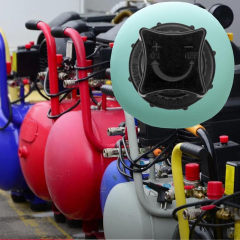 Replacement Manifold Plastic Air Compressor Regulator Knob Fits Sanborn Craftsman Coleman Power Mate Industrial Air And More One And A Quarter Inch Female Thread For Easy Install Part 1370001 with air compressors in background.