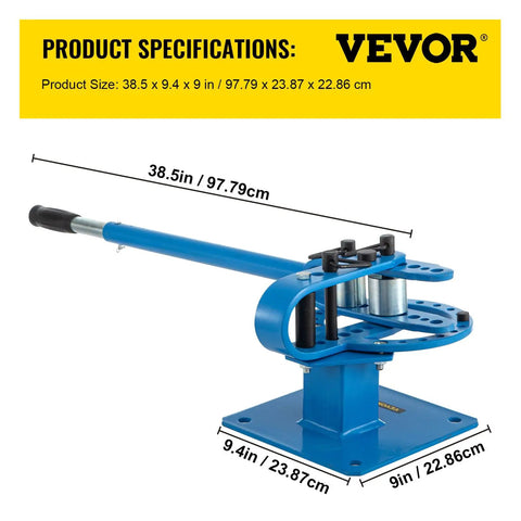 Beefy Manual Bender For 1 To 2 Inch Round And Square Metal Bars With 7 Bending Dies, showing size dimensions and handle.