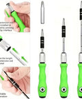 32 In 1 Precision Screwdriver Set With Mini Magnetic Cross And Flat Head Bits, green handles, extension rods depicted