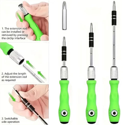 32 In 1 Precision Screwdriver Set With Mini Magnetic Cross And Flat Head Bits, green handles, extension rods depicted