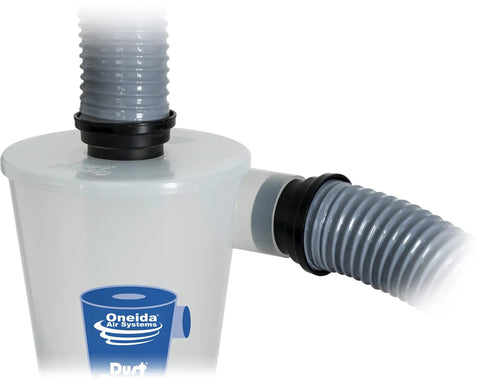 Total Game Changer DIY Cyclone Separator Kit For Wet And Dry Shop Vacs With Universal Adapter Set That Knocks Out Ninety Nine Percent Of Fine Sawdust Keeps Filters Fresh And Maintains Killer Suction All Day Long Clear View Window showing hoses attached to separator.