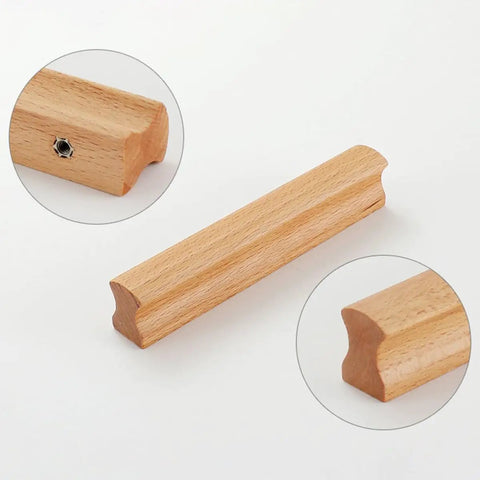 Slick Beech Wood Cabinet Pulls Set Of 4 With 96mm Hole Spacing Drawer Handles, showing lacquer finish and easy install holes.
