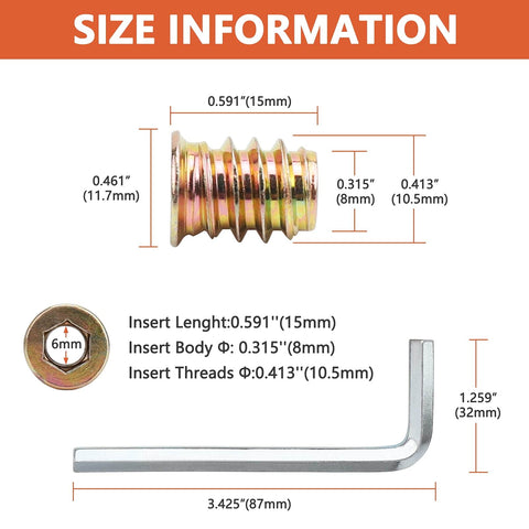 40 Pcs M6 x 15mm Threaded Inserts For Wood Furniture Nut Connectors With Hex Socket Drive And Allen Wrench Included shown with dimensions