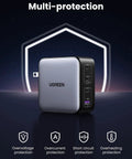 GaN 100W USB C Charger With Four Ports, Ultra Compact Foldable Power Adapter For Laptops and Phones On the Go, Fast 100W Charging For MacBook Pro and Air, iPad Pro, iPhone 17 16 15 Series, Galaxy S25 S24, Pixel 10 9, Steam Deck, Pixelbook. UGREEN four-port wall charger with foldable plug and multi-protection icons.