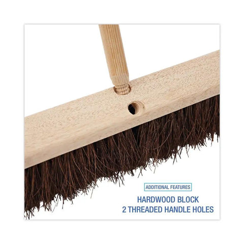 Top Shelf Floor Brush Head Replacement Featuring A Solid Hardwood Base And 18 Inch Wide Natural Palmyra Fiber Bristles For Straight Shooting Performance That Gets The Job Done Without Extra Fluff showing hardwood block and threaded handle holes.