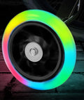 Colorful wheel of heavy duty bicycle training wheels for 14 to 20 inch bikes with steel bracket support for single speed bikes.