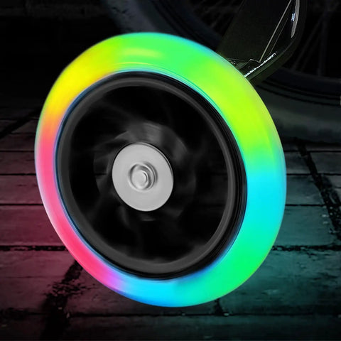 Colorful wheel of heavy duty bicycle training wheels for 14 to 20 inch bikes with steel bracket support for single speed bikes.