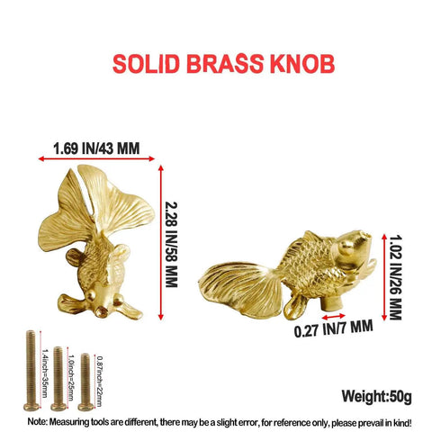 Solid Brass Goldfish Drawer Knobs Set For Cabinets And Dressers, detailed size and weight measurements shown.